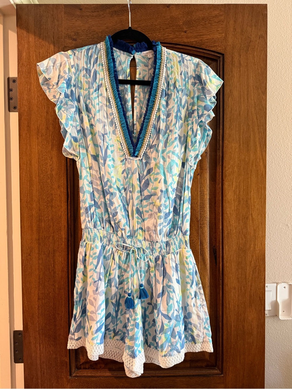Poupette St Barth Blue & White Leaf-Print Top with Fringe